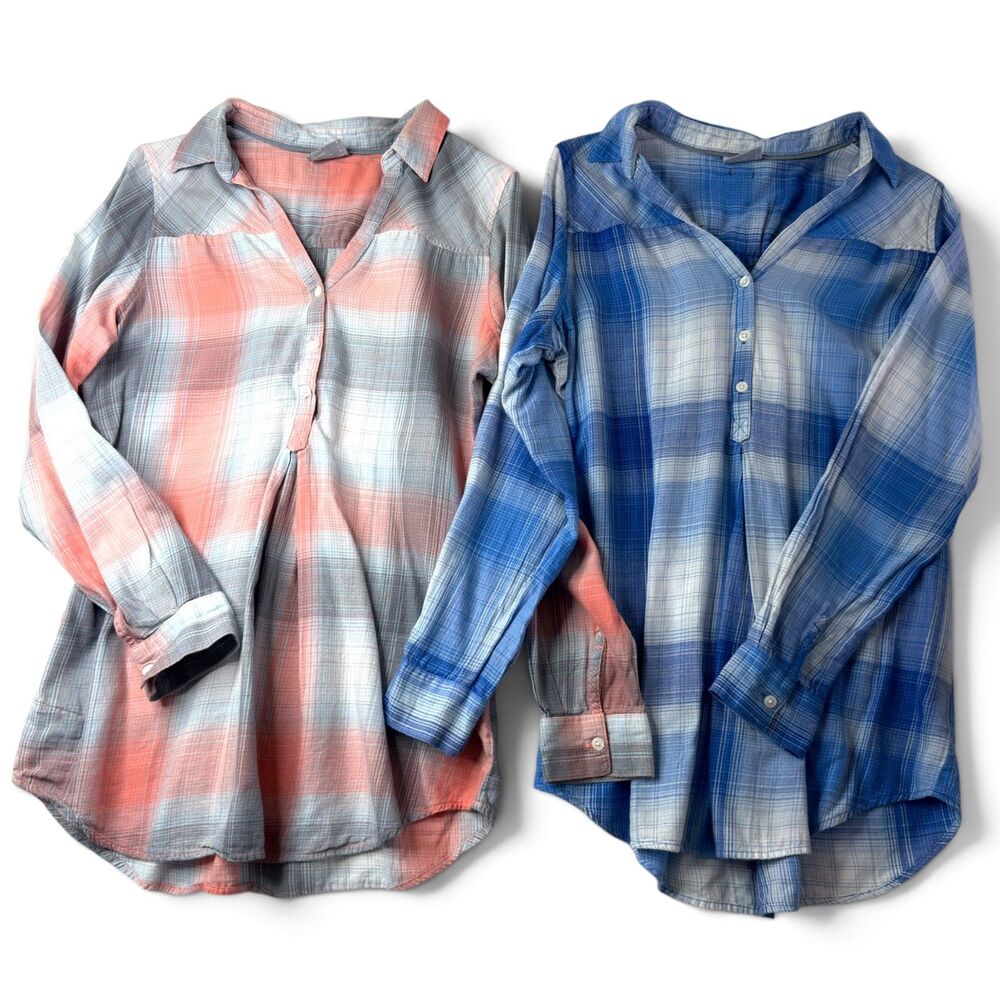 columbia women's large plaid tunic shirt bundle of 2 half button blue & coral